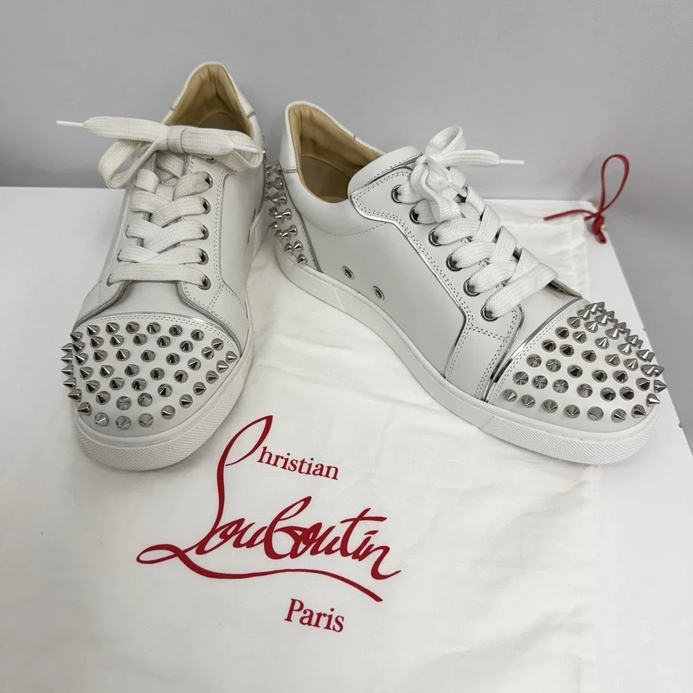 Christian Louboutin Leather Sneakers Shoes W/ Silver Metal Spikes NWT $945 8.5 B